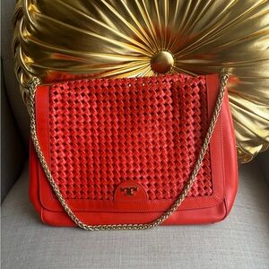 Tory Burch Red Woven Shoulder Bag with Gold Chain